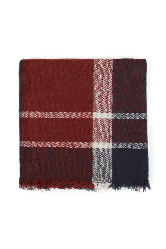 BURGUNDY BLACK BLANKET FRINGED SCARF