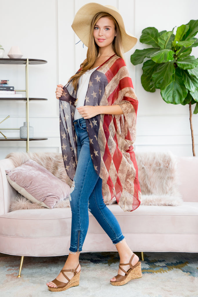 HDF2219 - RED STRIPED STARS OPEN FRONT SCARF CARDIGAN