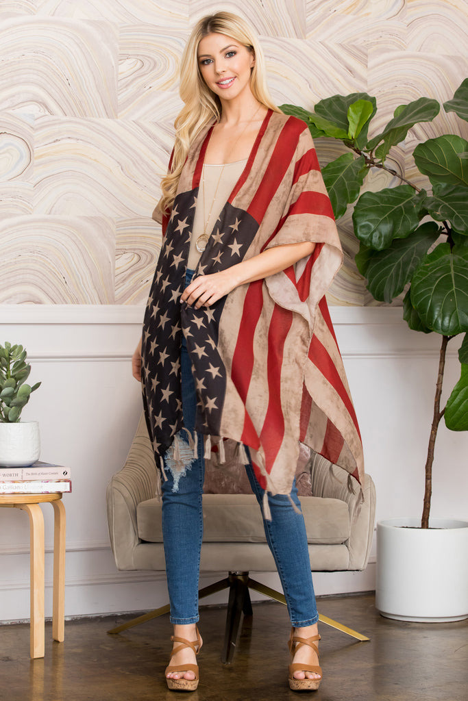 HDF2658 - VINTAGE AMERICAN FLAG STYLE OPEN FRONT TASSEL KIMONO
