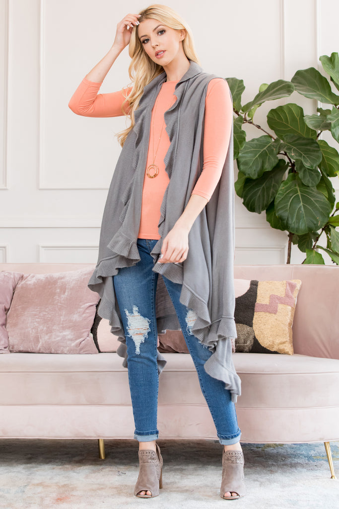 OPEN RUFFLED SLEEVELESS KIMONO CARDIGAN