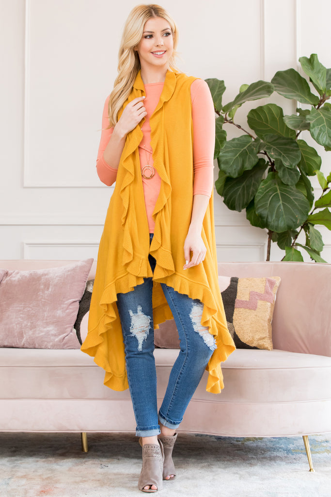 OPEN RUFFLED SLEEVELESS KIMONO CARDIGAN