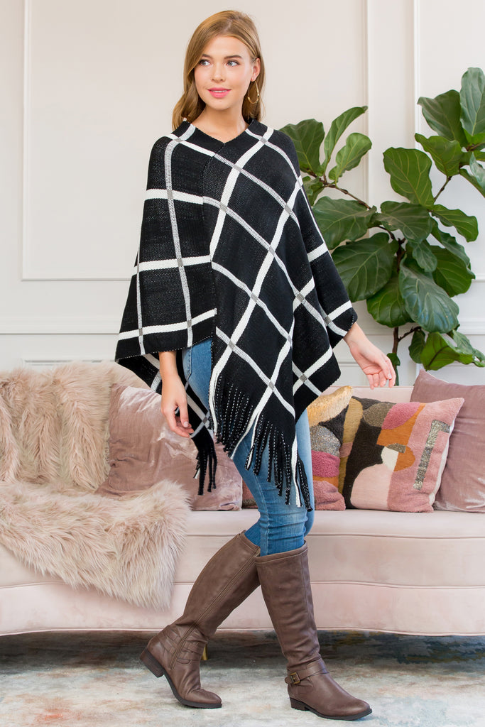 HDF3010BK - BLACK GRID LINES FRINGED PONCHO