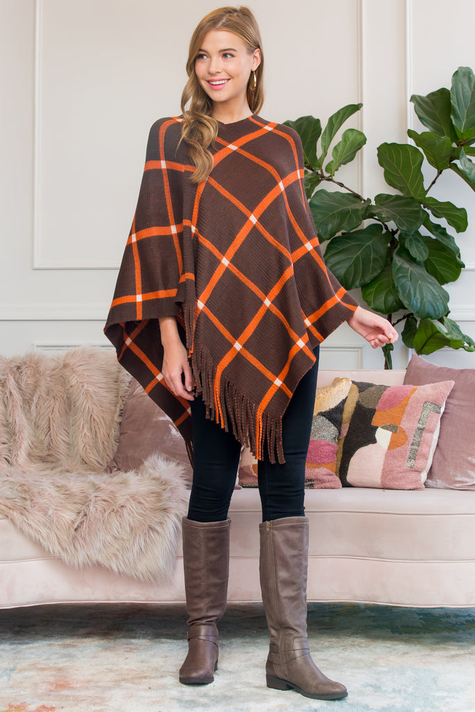 HDF3010BR - BROWN GRID LINES FRINGED PONCHO
