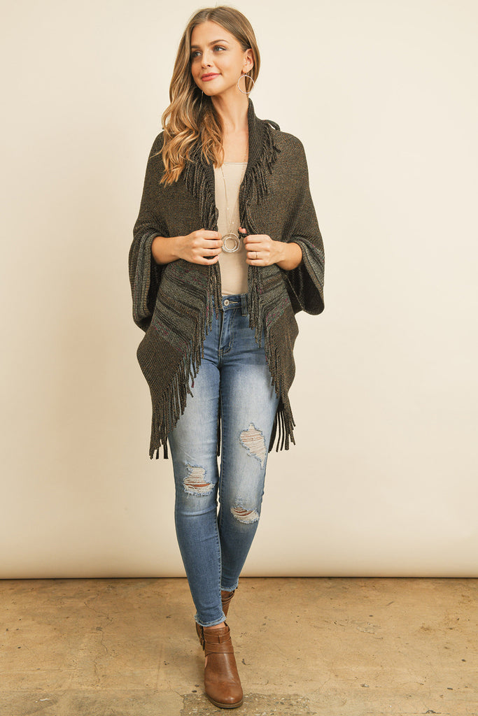 FRINGE STRIPE OPEN FRONT KIMONO