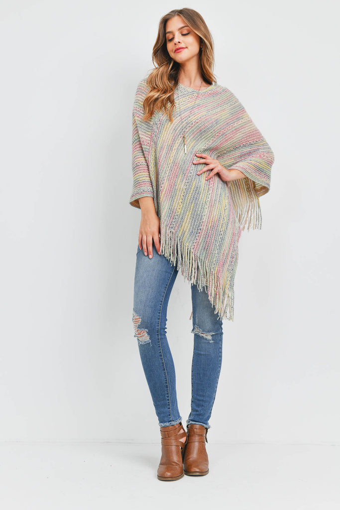 HDF3461 - KNITTED FRINGE STRIPE MULTI PONCHO