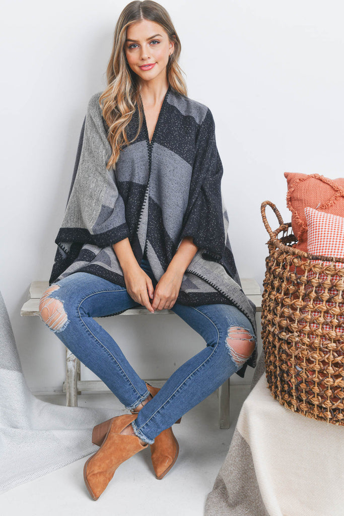 OPEN FRONT GEOMETRIC SHAPE PRINT RUANA WRAP KIMONO