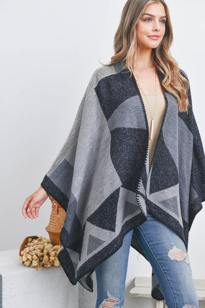 OPEN FRONT GEOMETRIC SHAPE PRINT RUANA WRAP KIMONO