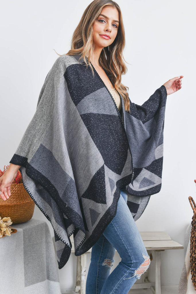 OPEN FRONT GEOMETRIC SHAPE PRINT RUANA WRAP KIMONO