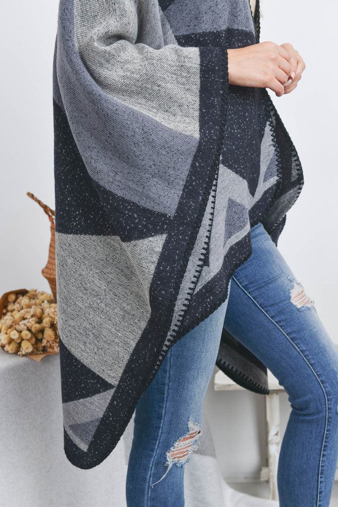 OPEN FRONT GEOMETRIC SHAPE PRINT RUANA WRAP KIMONO