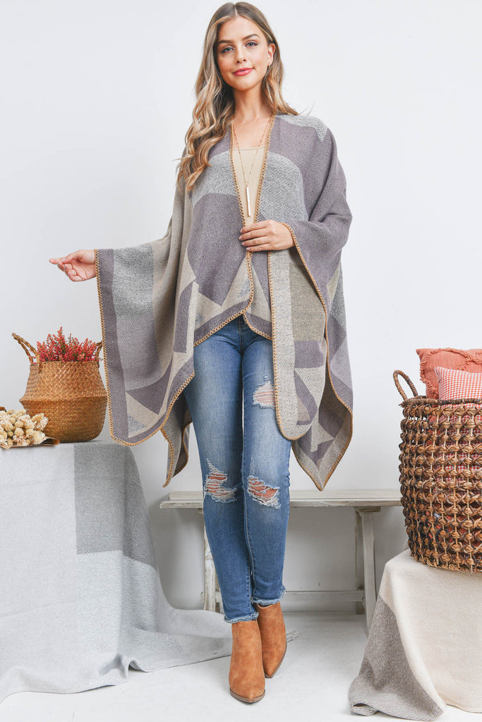 OPEN FRONT GEOMETRIC SHAPE PRINT RUANA WRAP KIMONO