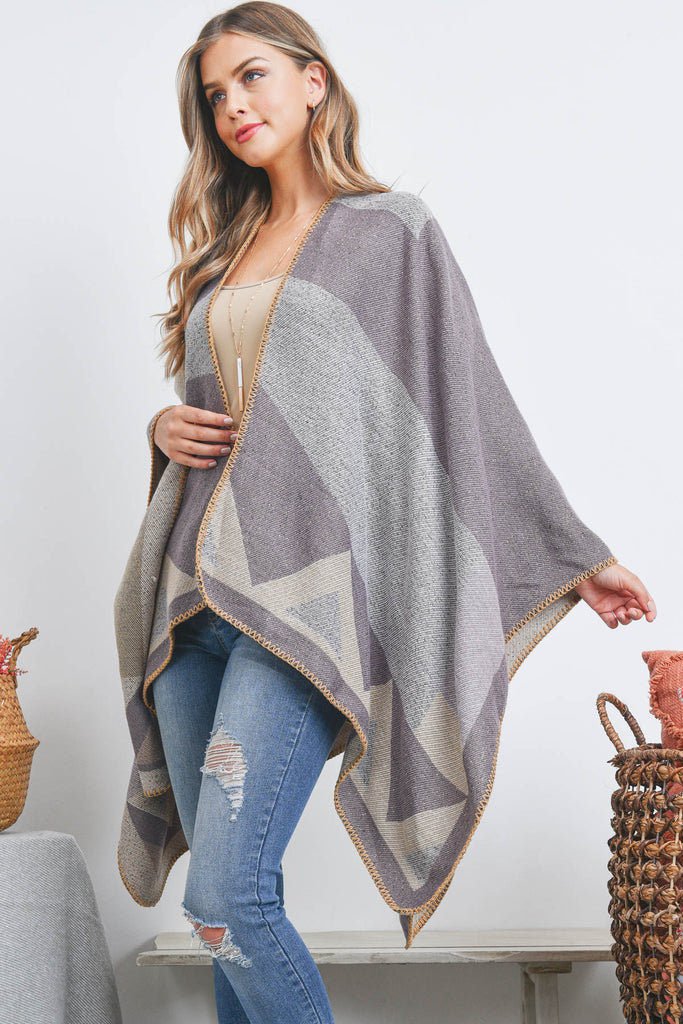 OPEN FRONT GEOMETRIC SHAPE PRINT RUANA WRAP KIMONO