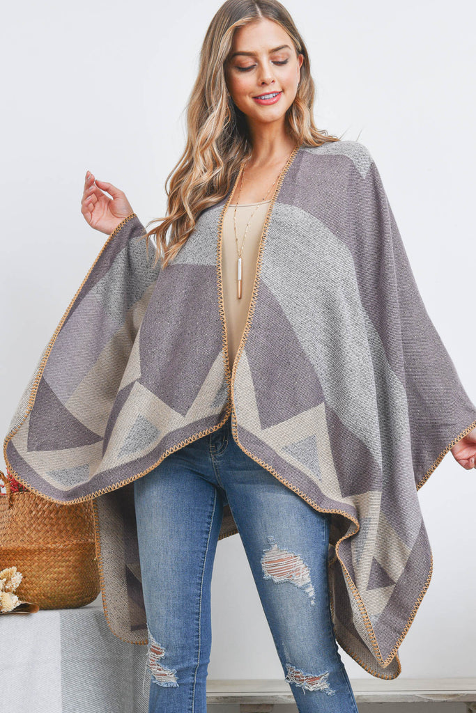 OPEN FRONT GEOMETRIC SHAPE PRINT RUANA WRAP KIMONO