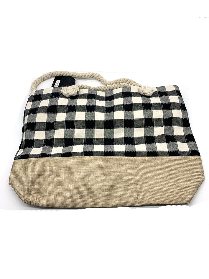 STITCHED PLAID PATTERN TOTE BAG