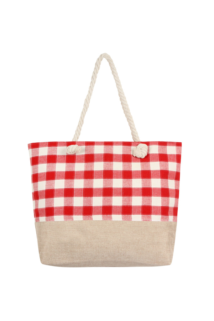 STITCHED PLAID PATTERN TOTE BAG