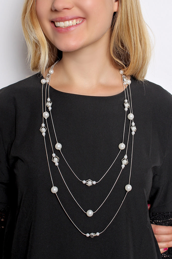 MULTI LINE OCTAGON PEARL CHAIN NECKLACE