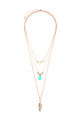 LAYERED CHAIN, NATURAL STONE CHIP MIX BEADS CRESCENT PENDANT NECKLACE