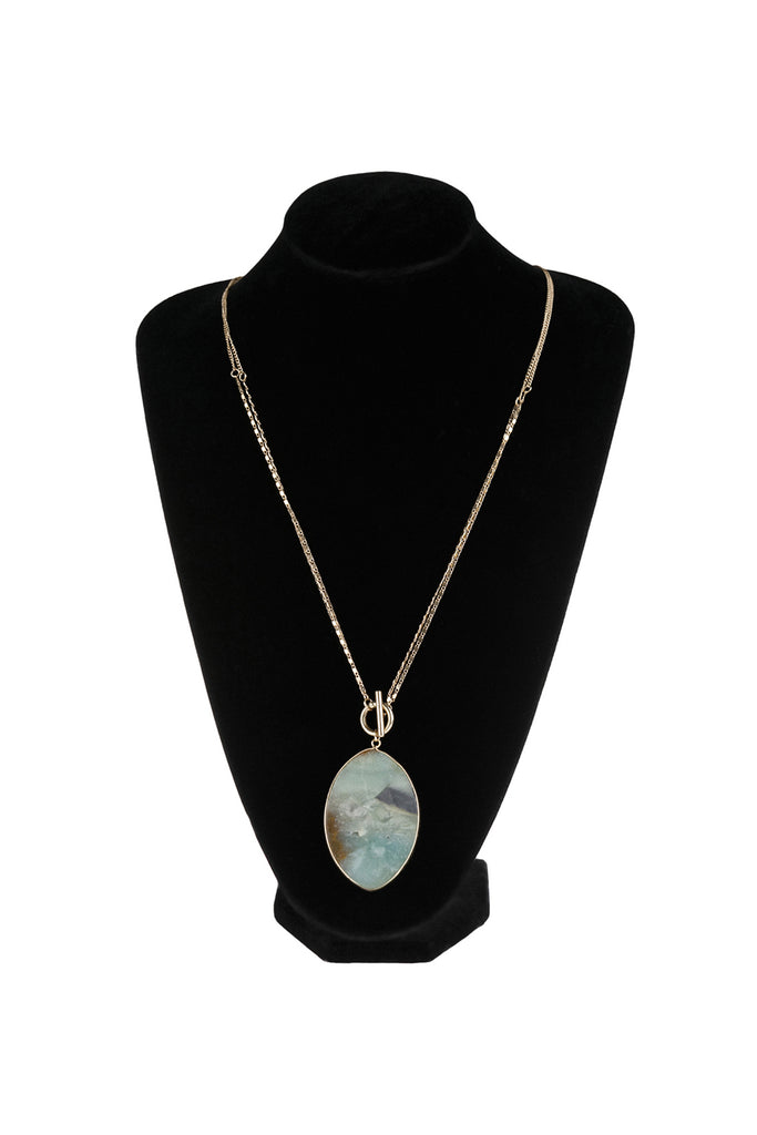 NATURAL STONE OVAL PENDANT CHAIN LAYERED NECKLACE
