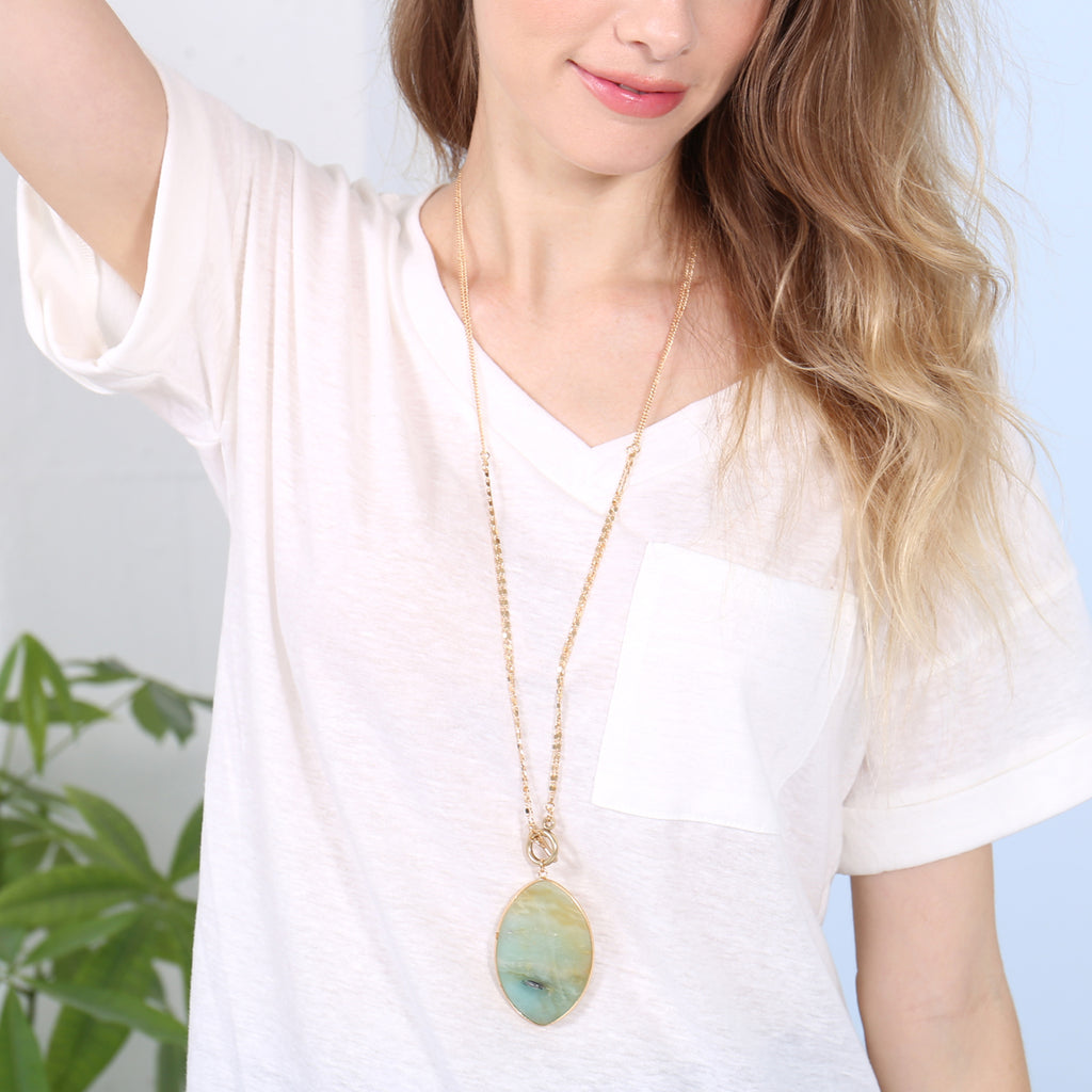 NATURAL STONE OVAL PENDANT CHAIN LAYERED NECKLACE