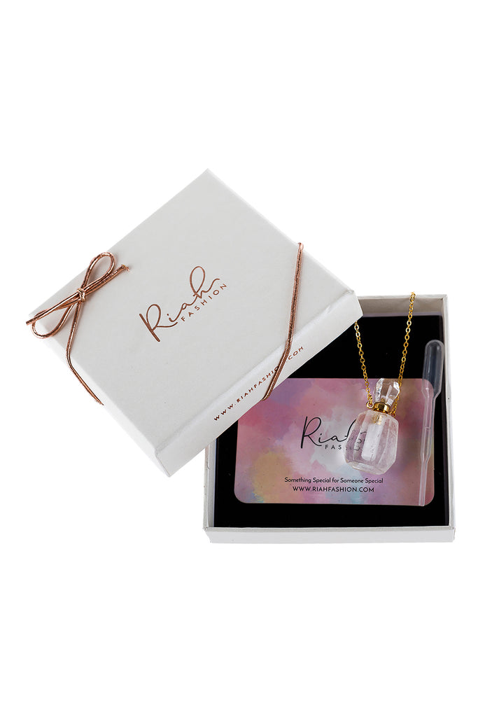 HDN2930 - NATURAL STONE ROUNDED CRYSTAL PERFUME BOTTLE NECKLACE WITH BOX