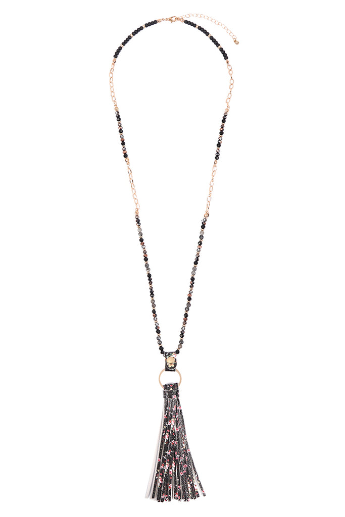 HDN3337 - FLORAL LEATHER TASSEL PRINT PENDANT NECKLACE
