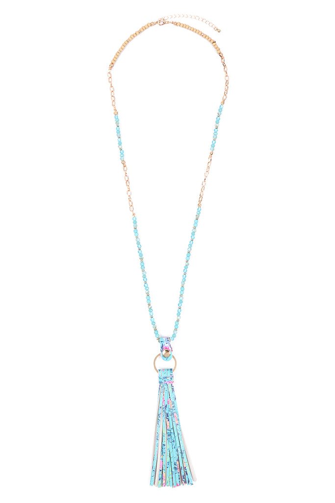 HDN3337 - FLORAL LEATHER TASSEL PRINT PENDANT NECKLACE