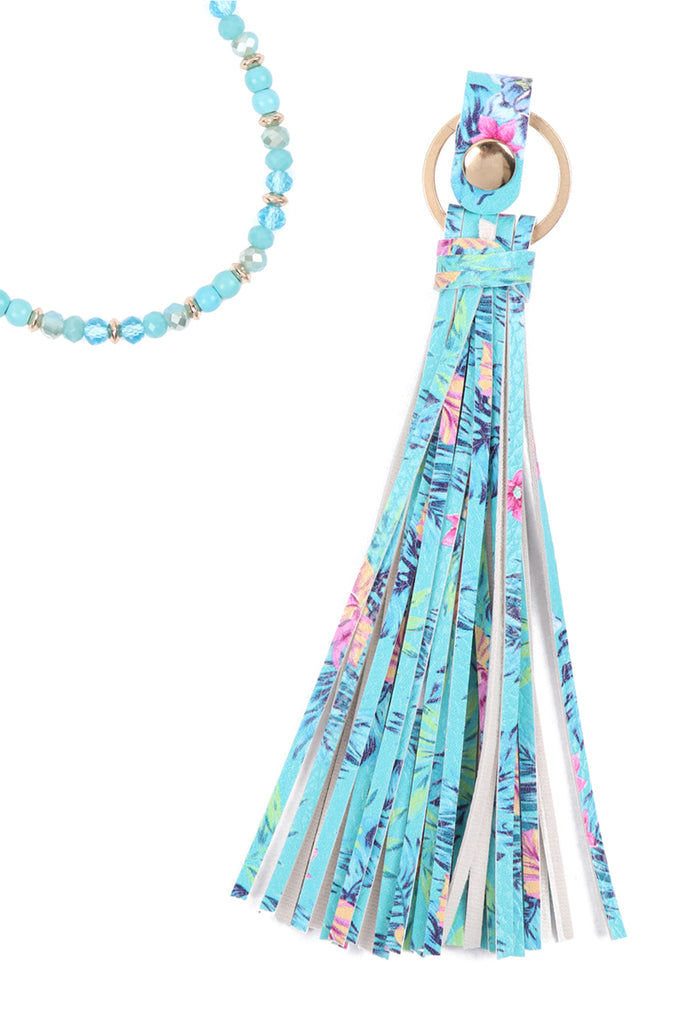 HDN3337 - FLORAL LEATHER TASSEL PRINT PENDANT NECKLACE