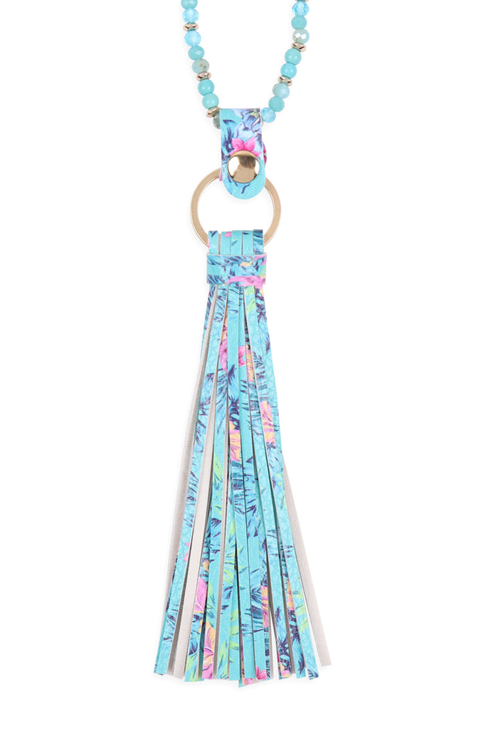 HDN3337 - FLORAL LEATHER TASSEL PRINT PENDANT NECKLACE