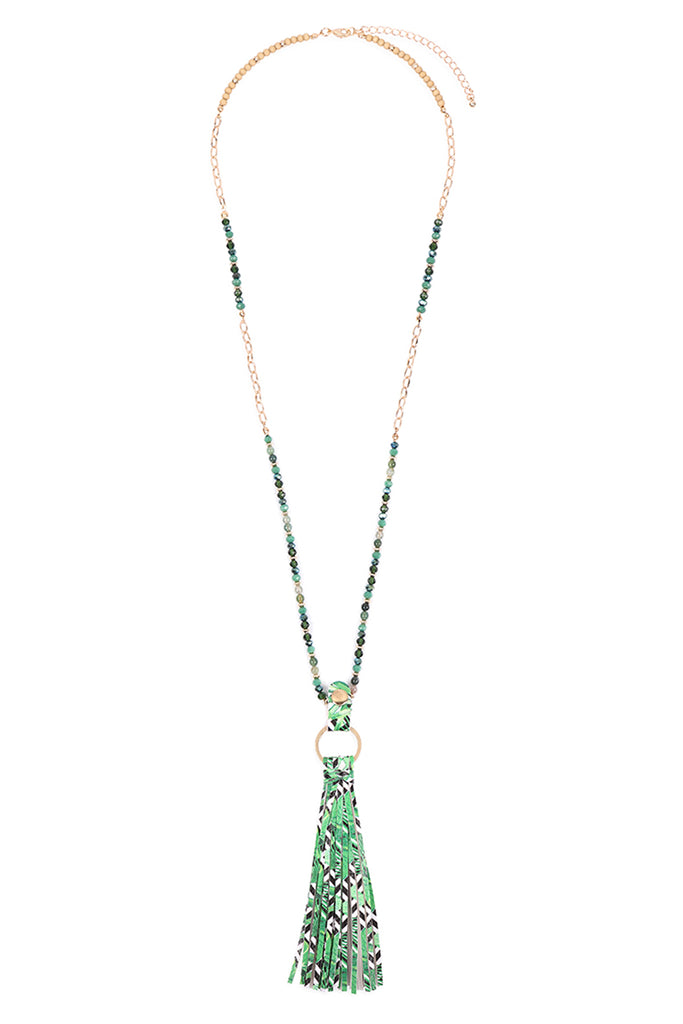 HDN3337 - FLORAL LEATHER TASSEL PRINT PENDANT NECKLACE