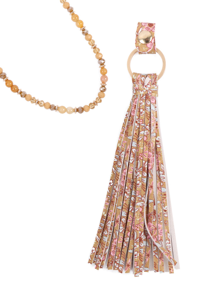 HDN3337 - FLORAL LEATHER TASSEL PRINT PENDANT NECKLACE