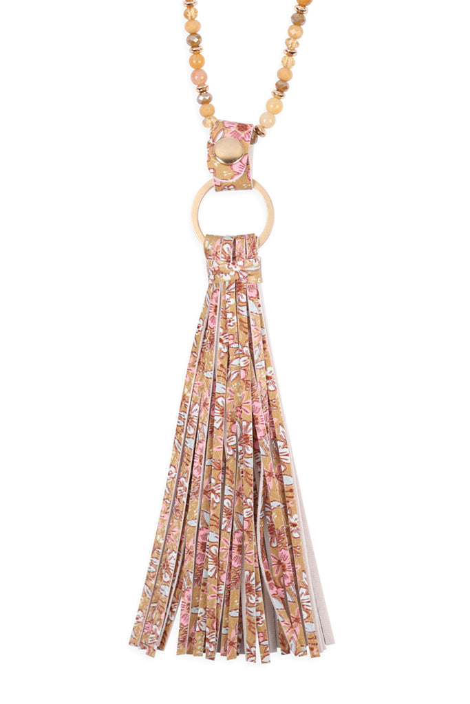 HDN3337 - FLORAL LEATHER TASSEL PRINT PENDANT NECKLACE