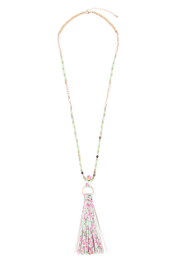 HDN3337 - FLORAL LEATHER TASSEL PRINT PENDANT NECKLACE