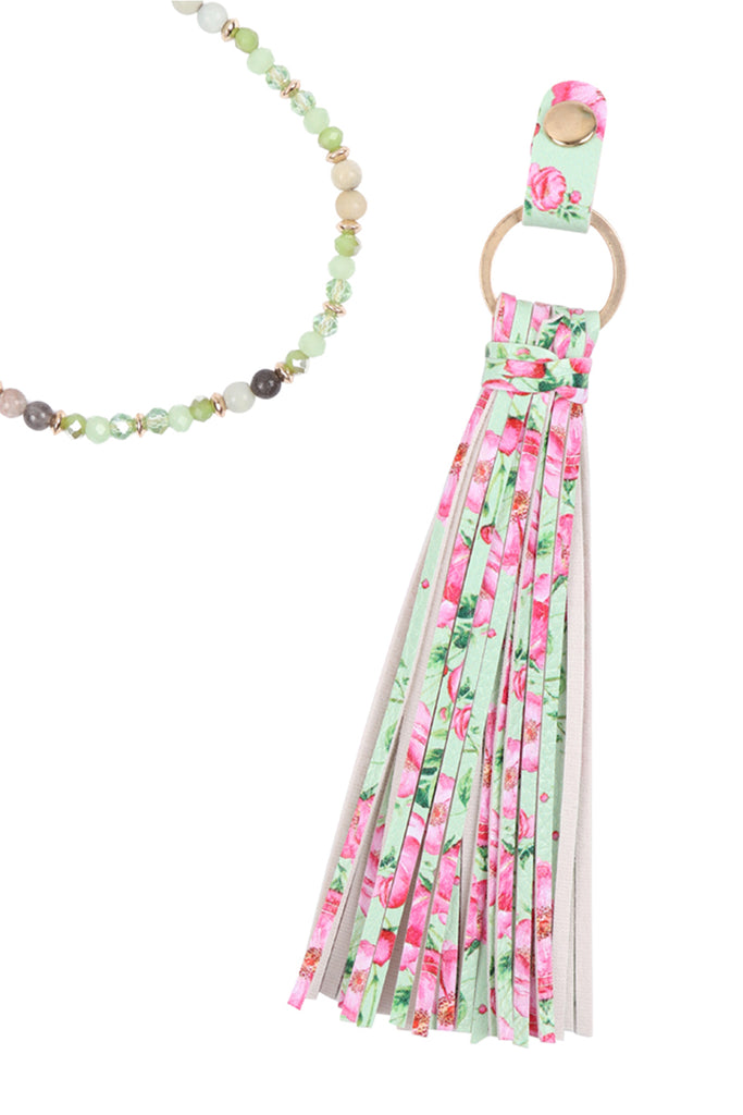 HDN3337 - FLORAL LEATHER TASSEL PRINT PENDANT NECKLACE