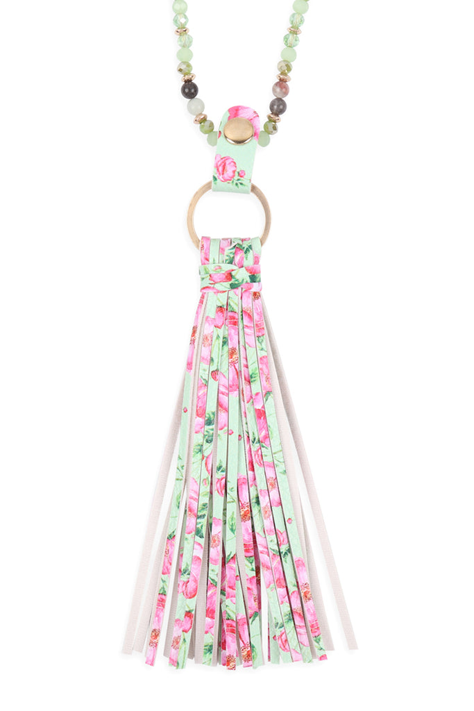 HDN3337 - FLORAL LEATHER TASSEL PRINT PENDANT NECKLACE