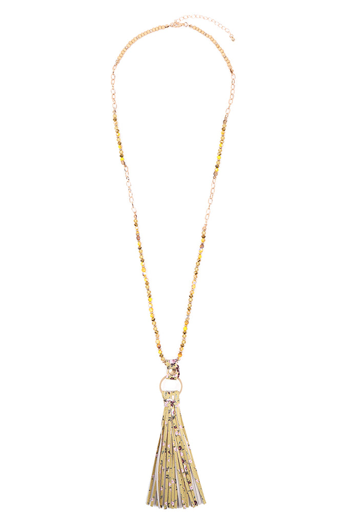 HDN3337 - FLORAL LEATHER TASSEL PRINT PENDANT NECKLACE
