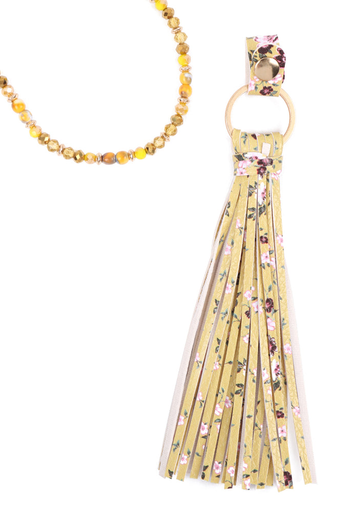 HDN3337 - FLORAL LEATHER TASSEL PRINT PENDANT NECKLACE