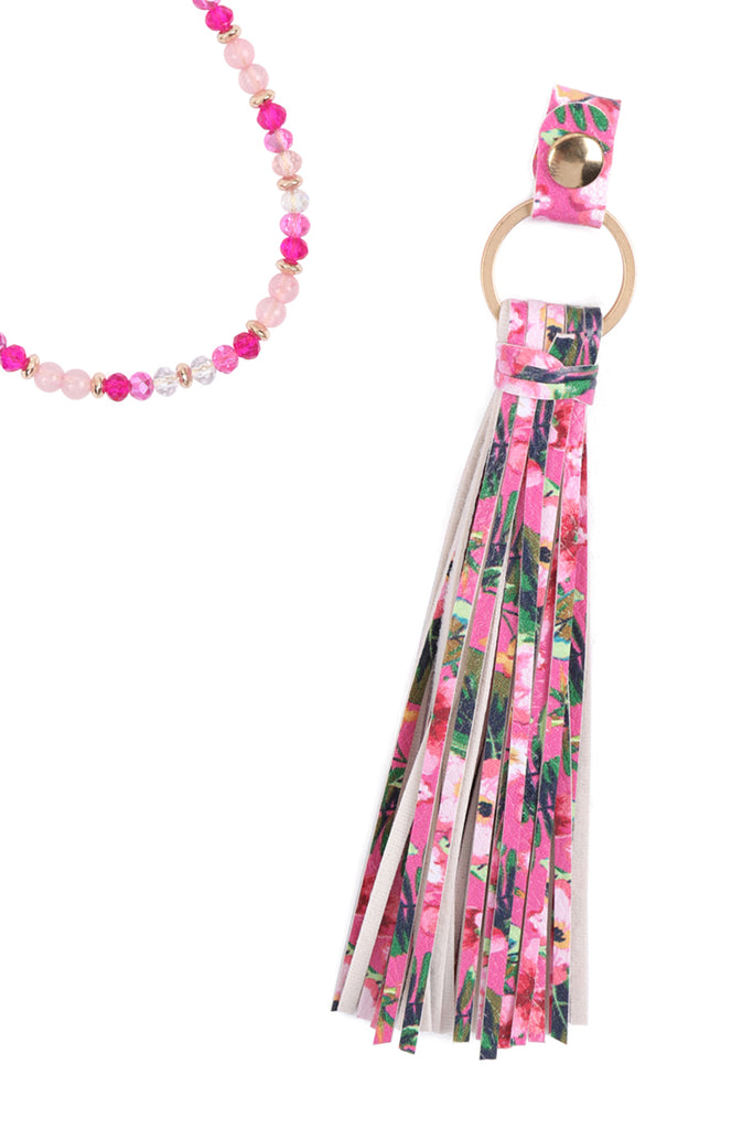 HDN3337 - FLORAL LEATHER TASSEL PRINT PENDANT NECKLACE