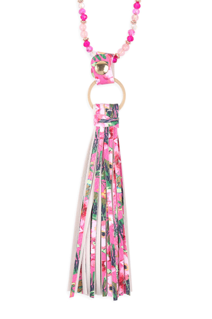 HDN3337 - FLORAL LEATHER TASSEL PRINT PENDANT NECKLACE