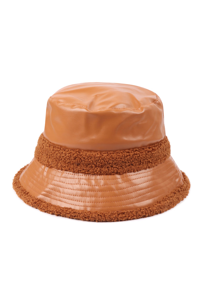PU LEATHER WITH FUZZY FLEECE KNIT BUCKET HAT