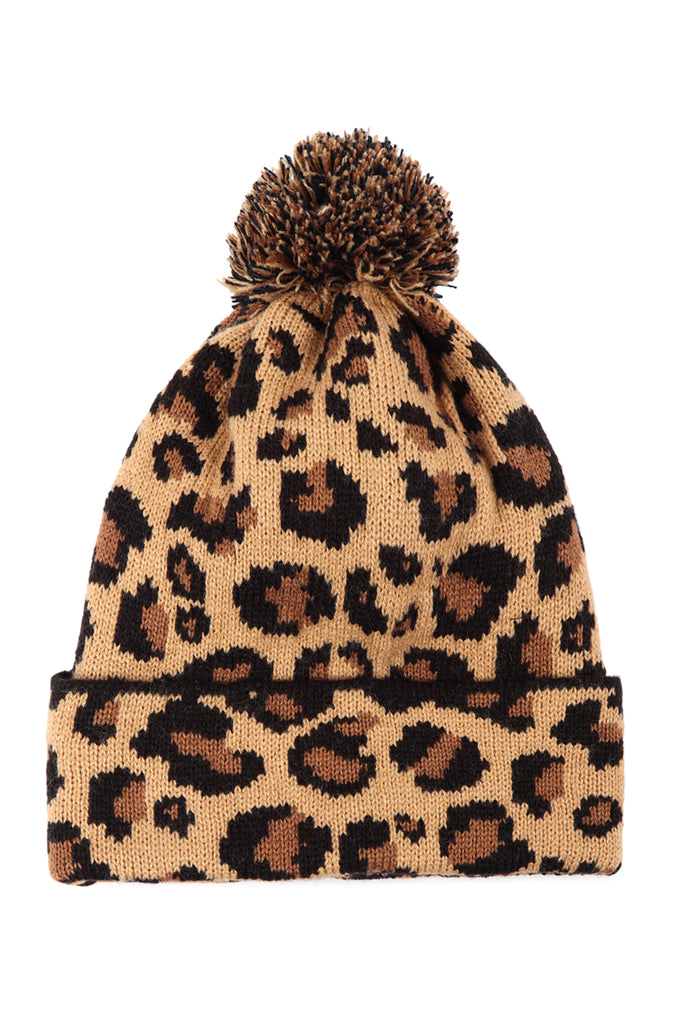 LEOPARD KNITTED POMPOM BEANIE