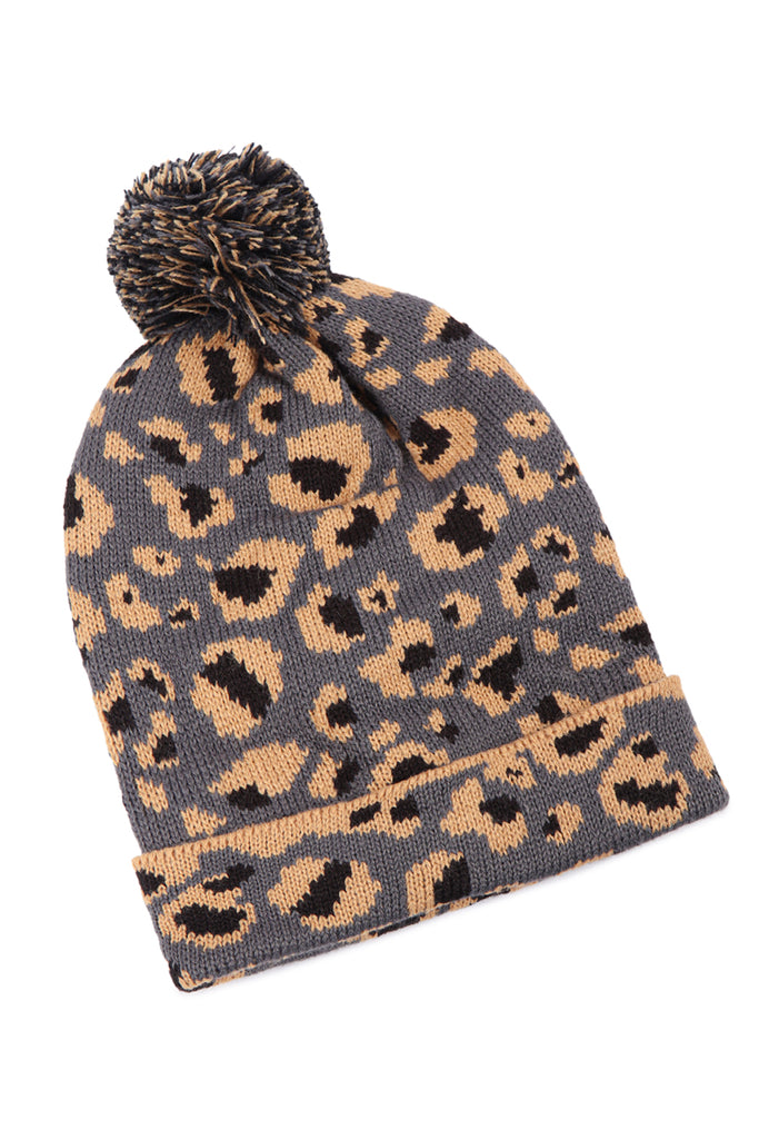 LEOPARD KNITTED POMPOM BEANIE