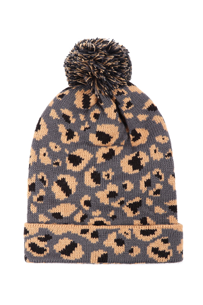 LEOPARD KNITTED POMPOM BEANIE