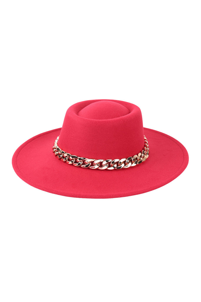 FELT BRIM FASHION HAT W/ CHAIN ACCENT
