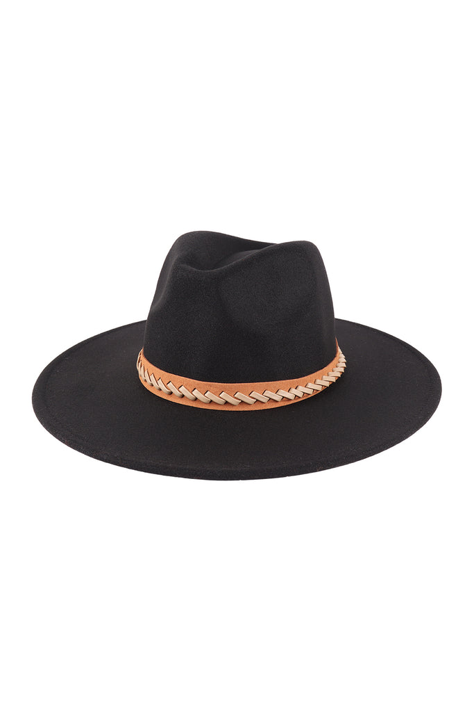 FELT FASHION BRIM HAT W/ LEATHER BRAIDED
