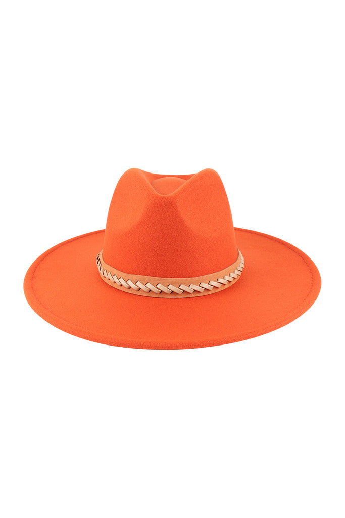 FELT FASHION BRIM HAT W/ LEATHER BRAIDED