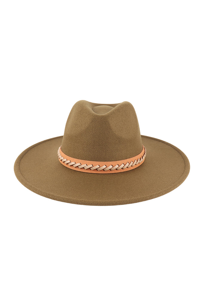 FELT FASHION BRIM HAT W/ LEATHER BRAIDED
