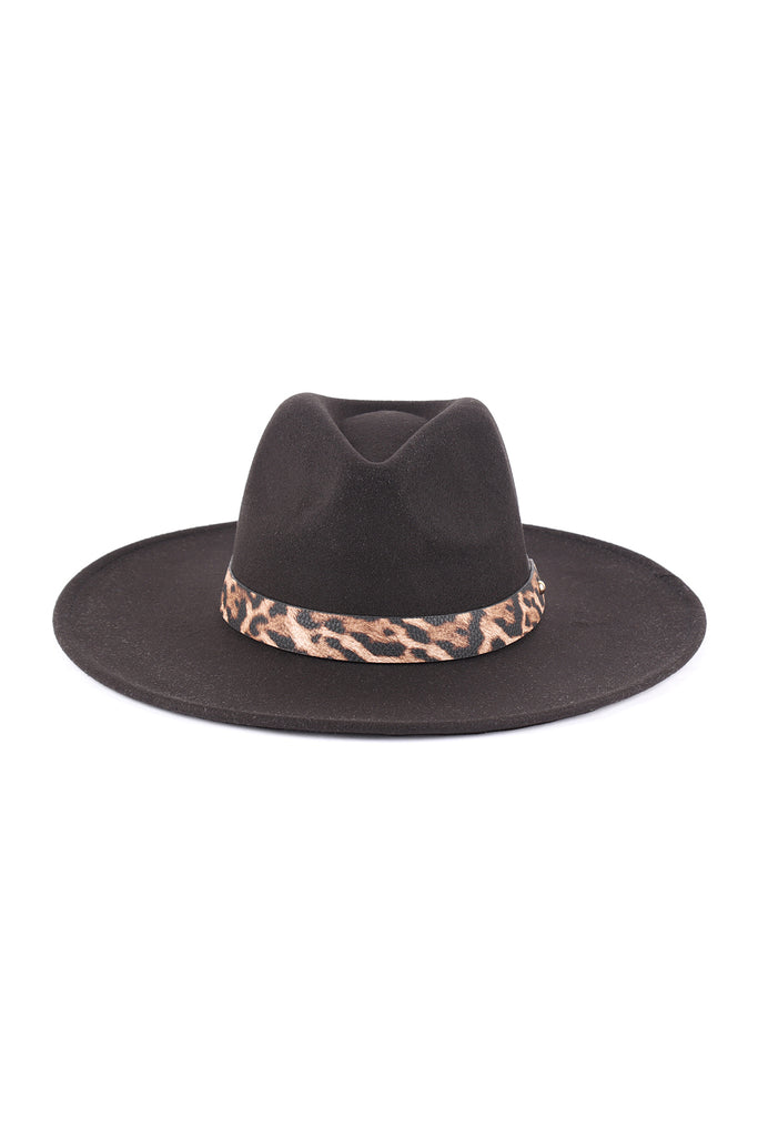 FELT FASHION BRIM HAT W/ LEOPARD ACCENT