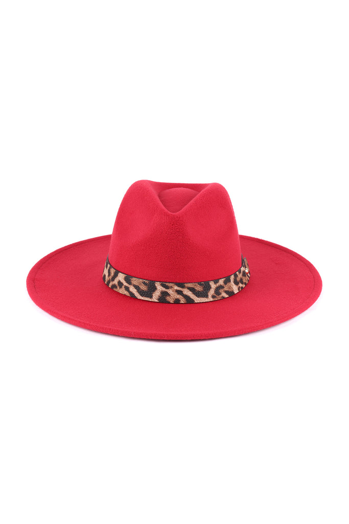 FELT FASHION BRIM HAT W/ LEOPARD ACCENT