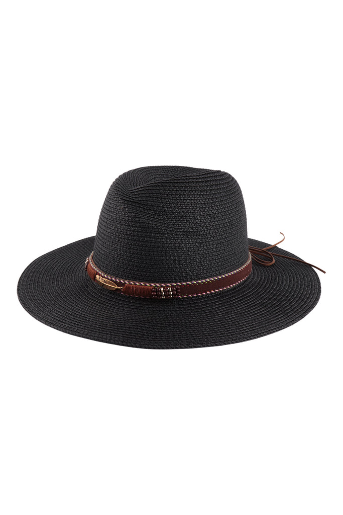 BRIM SUMMER HAT WITH FEATHER & LEATHER STRAP ACCENT