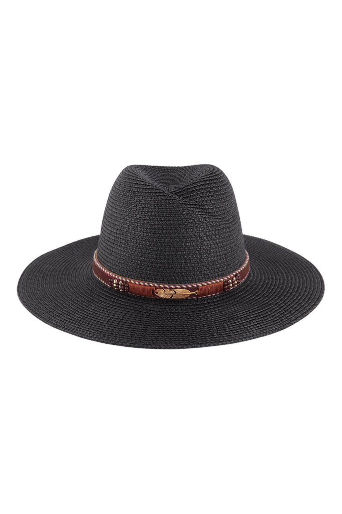BRIM SUMMER HAT WITH FEATHER & LEATHER STRAP ACCENT