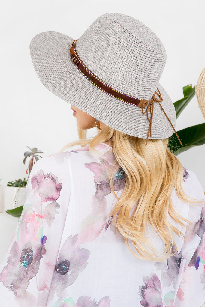 BRIM SUMMER HAT WITH FEATHER & LEATHER STRAP ACCENT